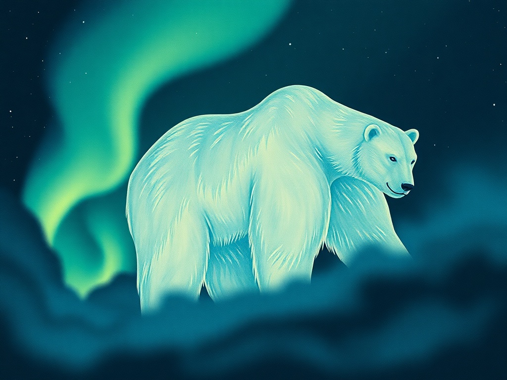 a polar bear made of northern lights, ukiyo-e woodblock style, flat colors, moody volumetric fog, hi...