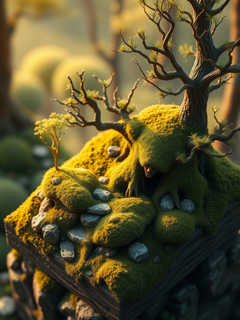 a moss-covered forest spirit, isometric diorama, blender render, golden hour light, highly detailed