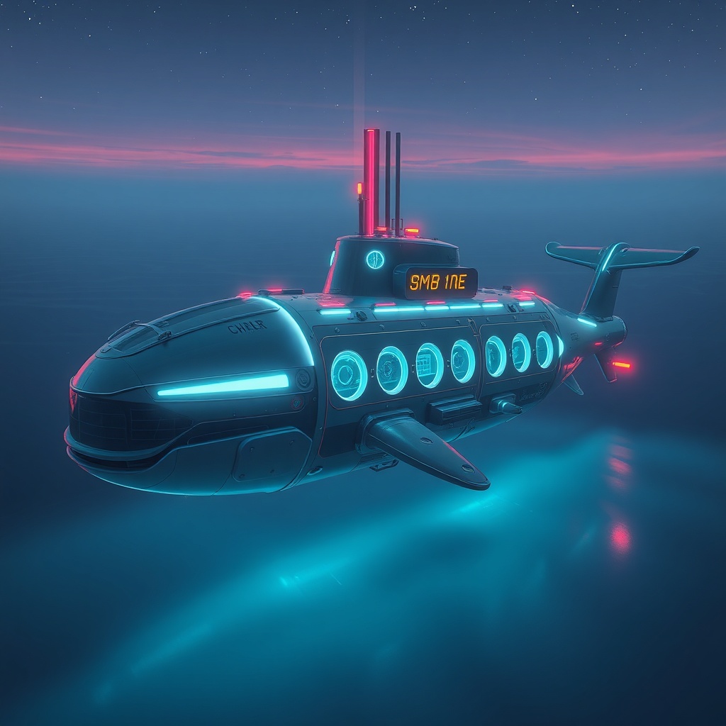 a submarine shaped like a whale, vaporwave aesthetic, retro futurism, biolumines...