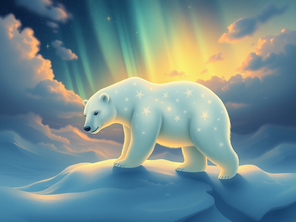 a polar bear made of northern lights, children book illustration, warm and gentle, god rays through...