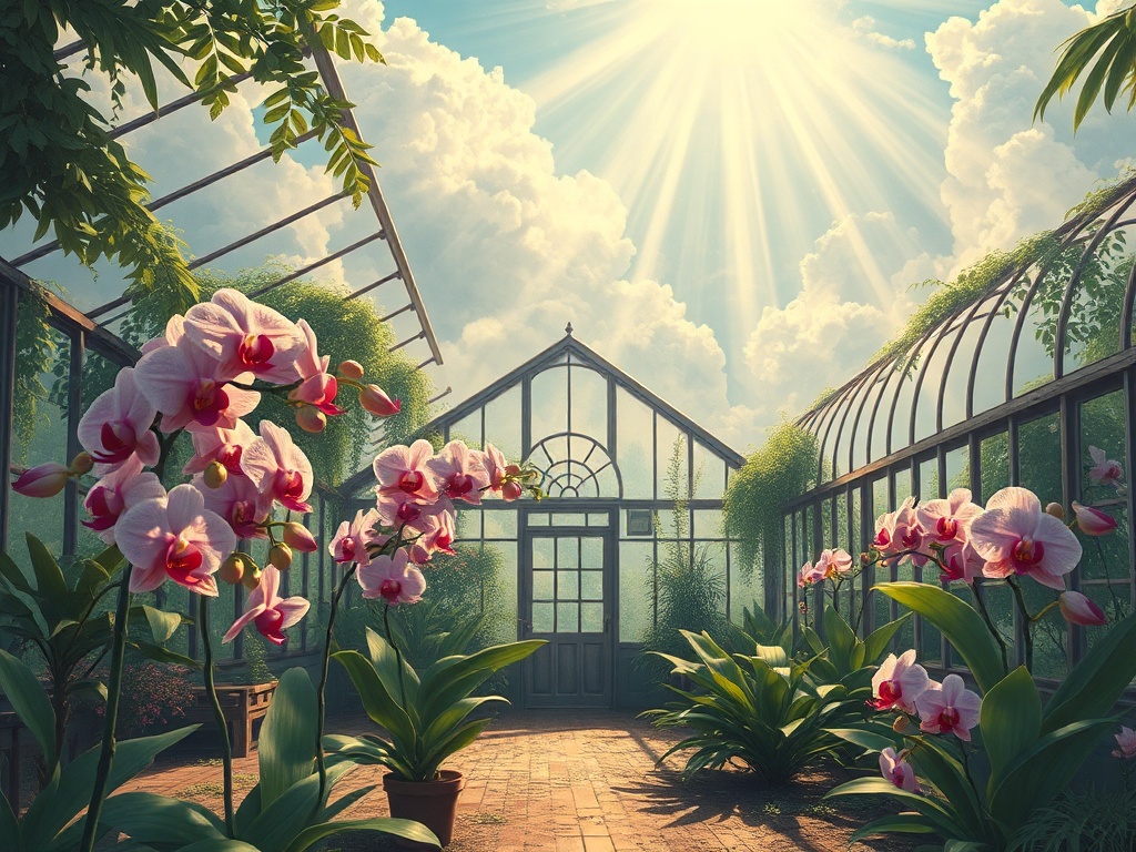 an abandoned greenhouse reclaimed by orchids, studio ghibli inspired, hand painted, god rays through...