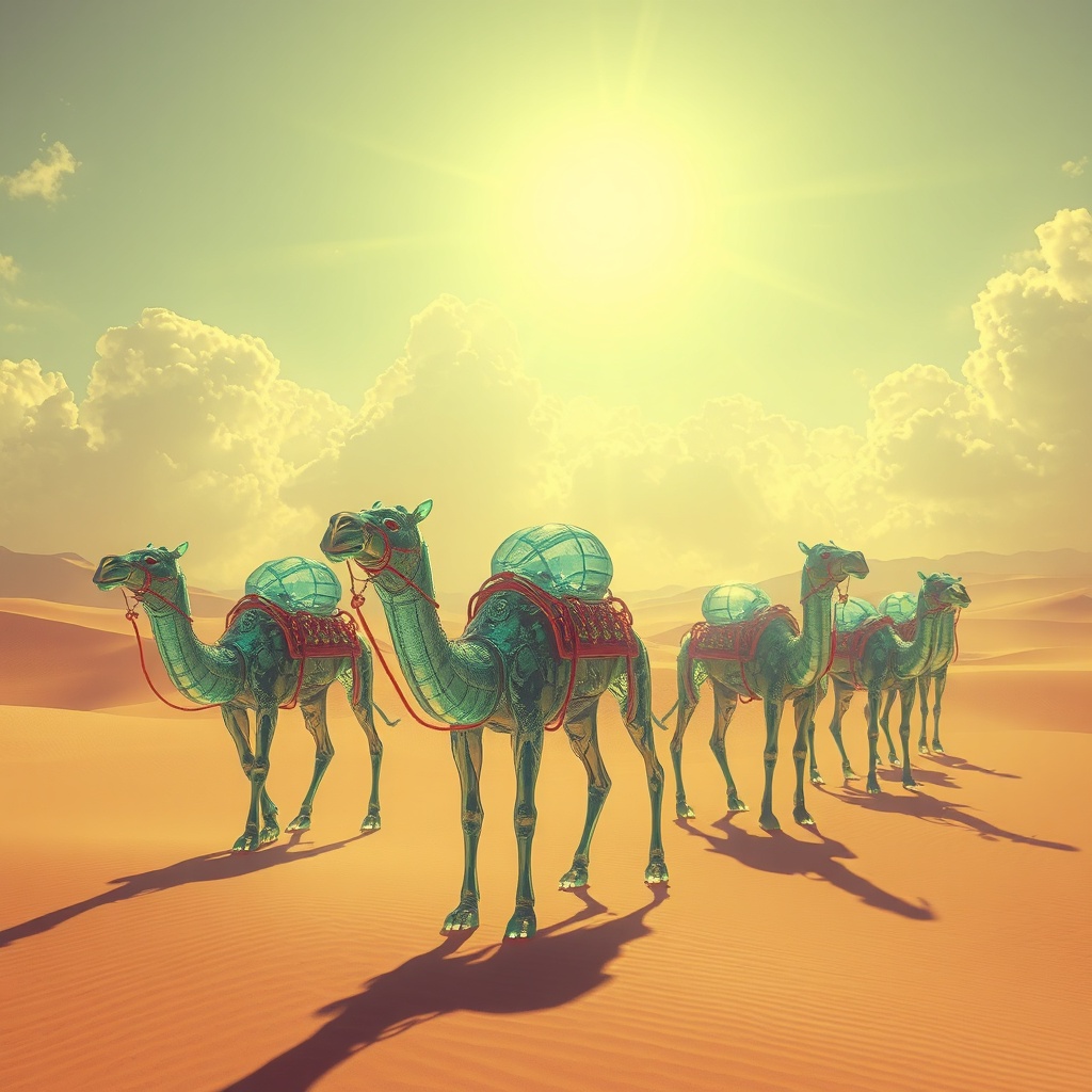 a desert caravan of glass camels, vaporwave aesthetic, retro futurism, god rays through clouds, high...