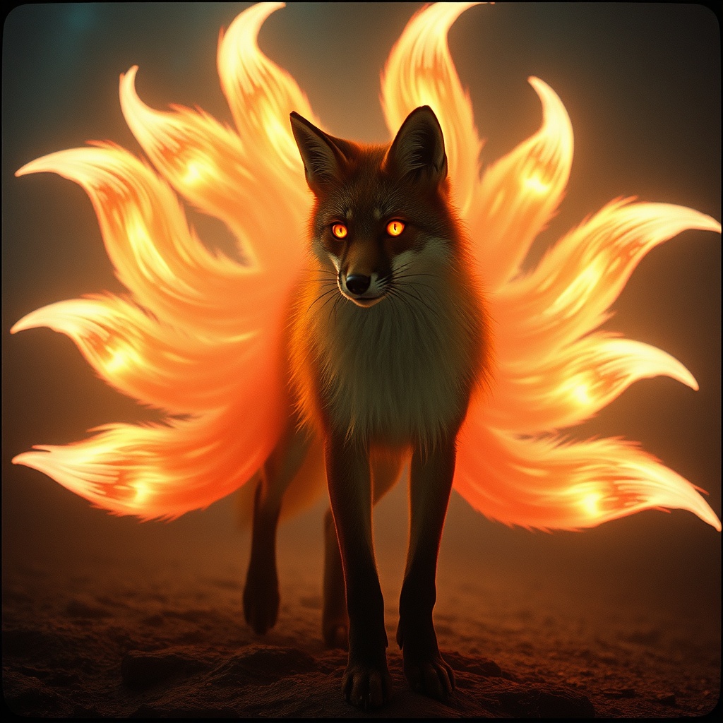 a fox spirit with nine glowing tails, cinematic photography, 35mm film grain, neon reflections, high...