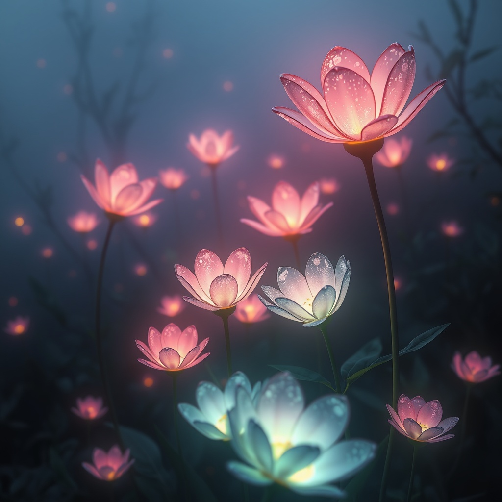 a garden of glowing glass flowers, digital painting, artstation trending, moody...