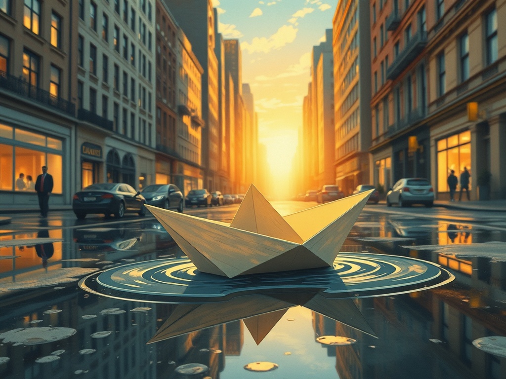 a paper boat sailing through city puddles, studio ghibli inspired, hand painted, golden hour light,...