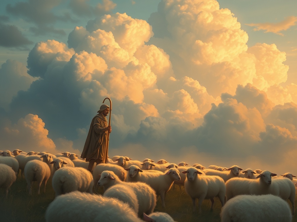 a cloud shepherd herding cumulus sheep, digital painting, artstation trending, warm candlelight, hig...