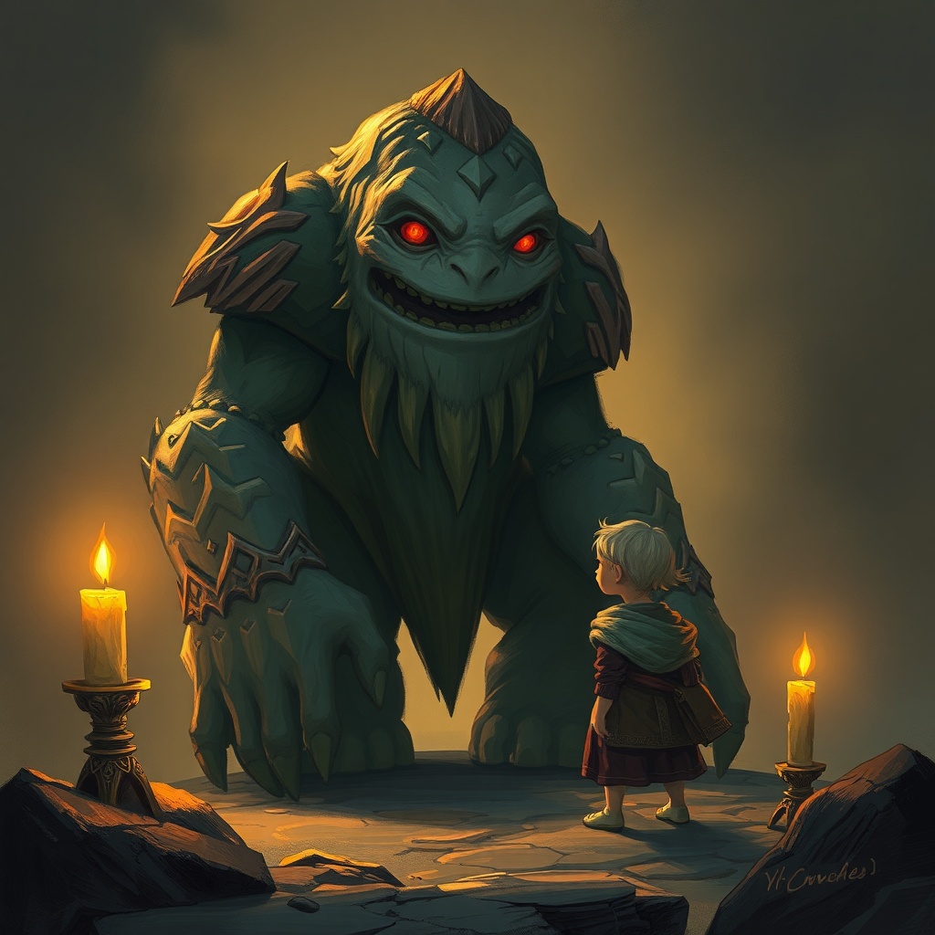 a child and a giant friendly golem, digital painting, artstation trending, warm candlelight, highly...