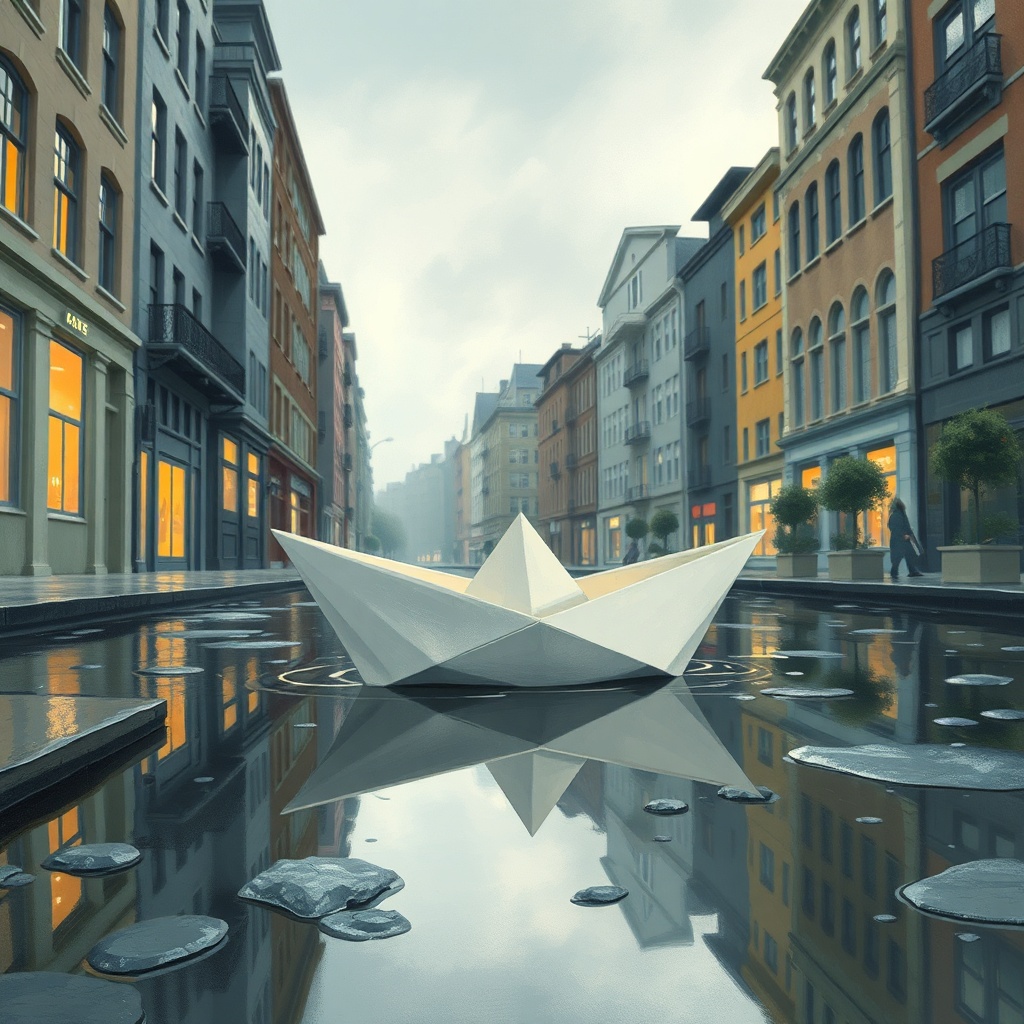 a paper boat sailing through city puddles, studio ghibli inspired, hand painted, gentle overcast lig...