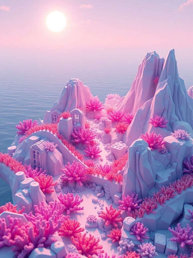 a coral reef city, low poly 3d render, pastel palette, cool moonlight, highly detailed