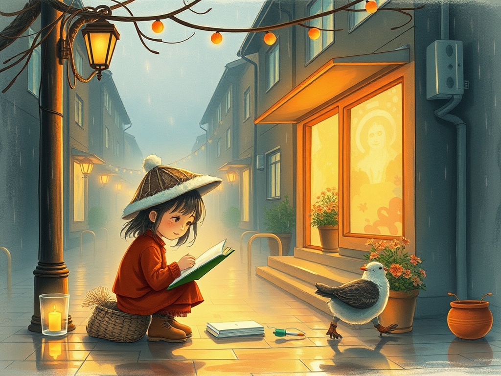 a street calligrapher in the rain, children book illustration, warm and gentle, warm candlelight, hi...