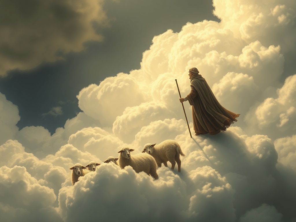 a cloud shepherd herding cumulus sheep, dark fantasy concept art, detailed, dramatic rim lighting, h...