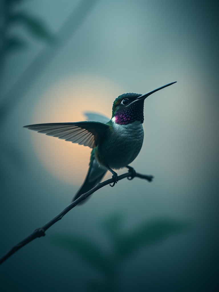 a clockwork hummingbird, cinematic photography, 35mm film grain, moody volumetric fog, highly detail...