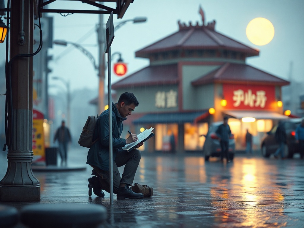 a street calligrapher in the rain, low poly 3d render, pastel palette, cool moonlight, highly detail...