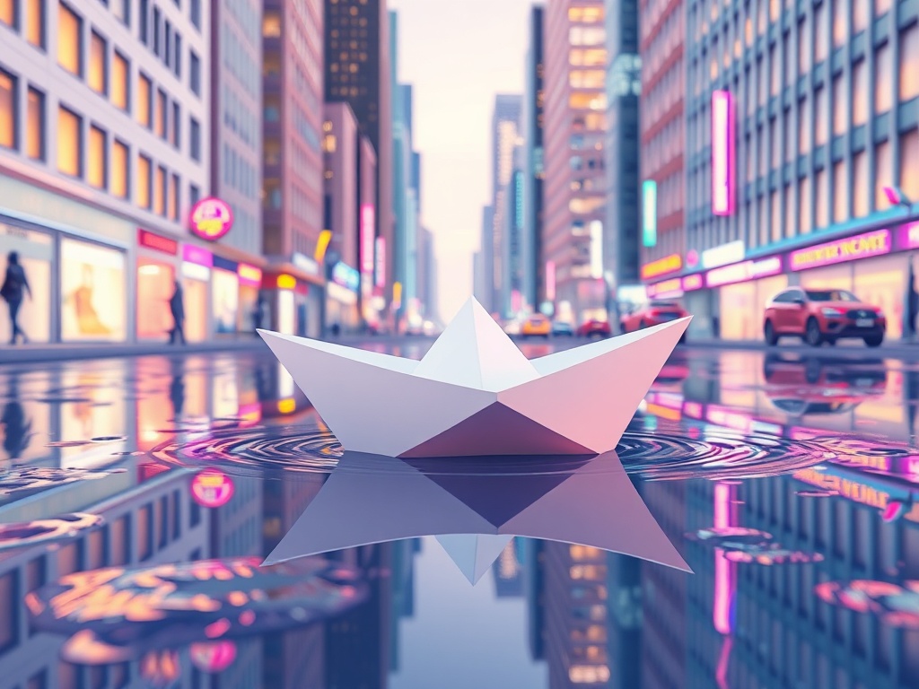 a paper boat sailing through city puddles, low poly 3d render, pastel palette, neon reflections, hig...