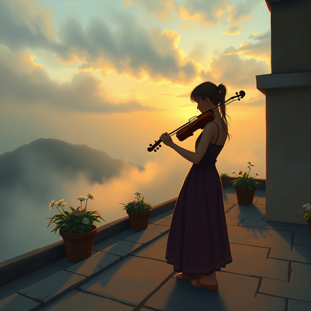 a violinist on a rooftop at dawn, studio ghibli inspired, hand painted, soft morning mist, highly de...