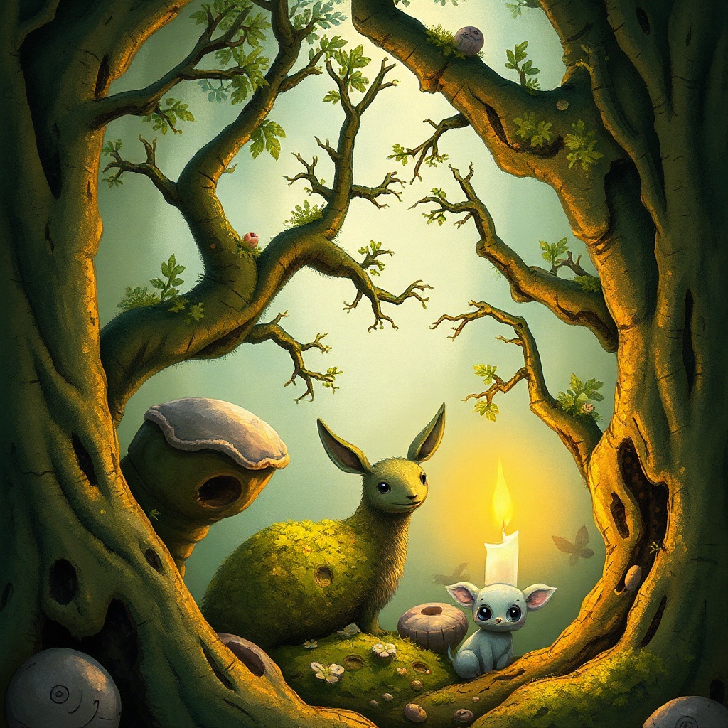 a moss-covered forest spirit, studio ghibli inspired, hand painted, warm candlelight, highly detaile...