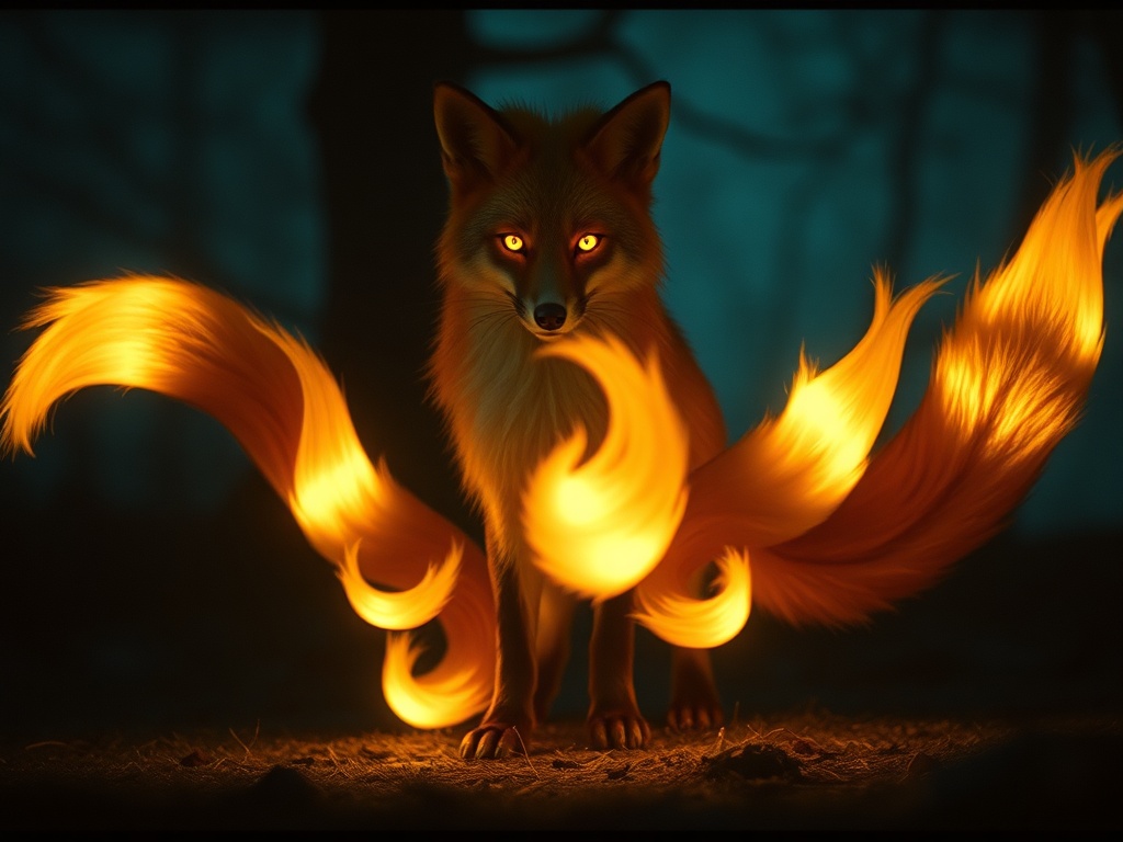 a fox spirit with nine glowing tails, cinematic photography, 35mm film grain, warm candlelight, high...