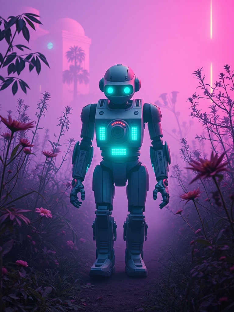 a wandering robot gardener, vaporwave aesthetic, retro futurism, moody volumetric fog, highly detail...
