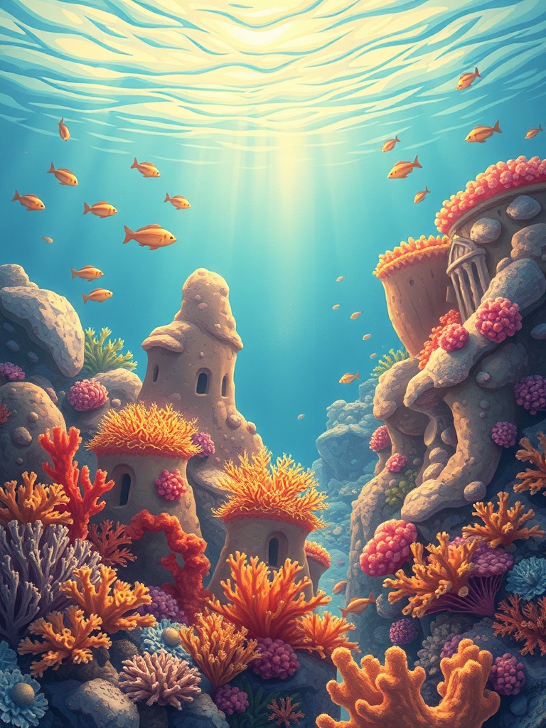 a coral reef city, children book illustration, warm and gentle, golden hour light, highly detailed