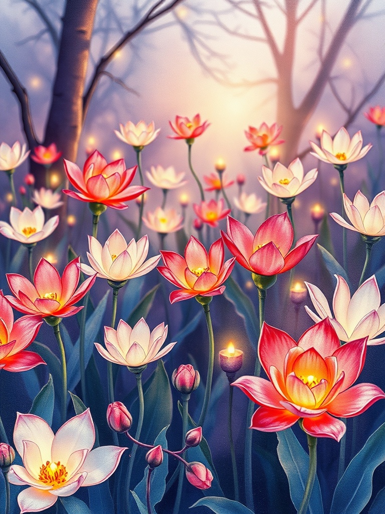 a garden of glowing glass flowers, watercolor illustration, soft edges, warm candlelight, highly det...