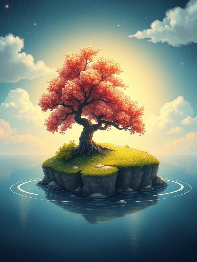 a tiny island with a single cherry tree, children book illustration, warm and gentle, dramatic rim l...