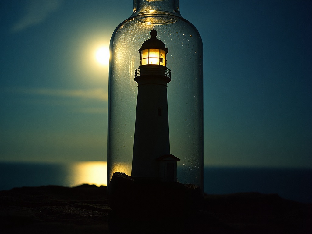 a lighthouse inside a bottle, cinematic photography, 35mm film grain, cool moonlight, highly detaile...