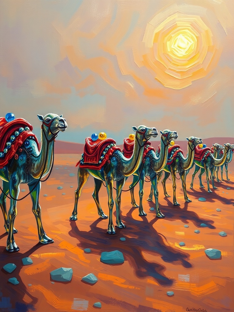 a desert caravan of glass camels, oil painting, impressionist brushwork, neon reflections, highly de...