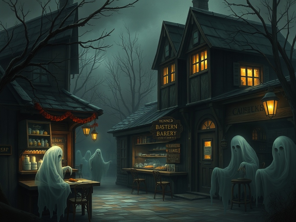 a midnight bakery for ghosts, dark fantasy concept art, detailed, gentle overcast light, highly deta...