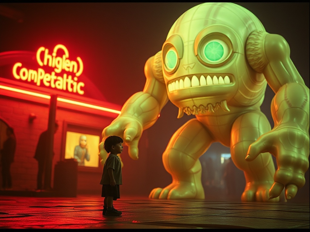 a child and a giant friendly golem, cinematic photography, 35mm film grain, neon reflections, highly...