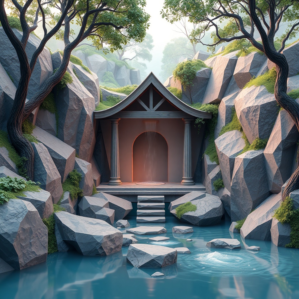 a hidden waterfall shrine, low poly 3d render, pastel palette, gentle overcast light, highly detaile...