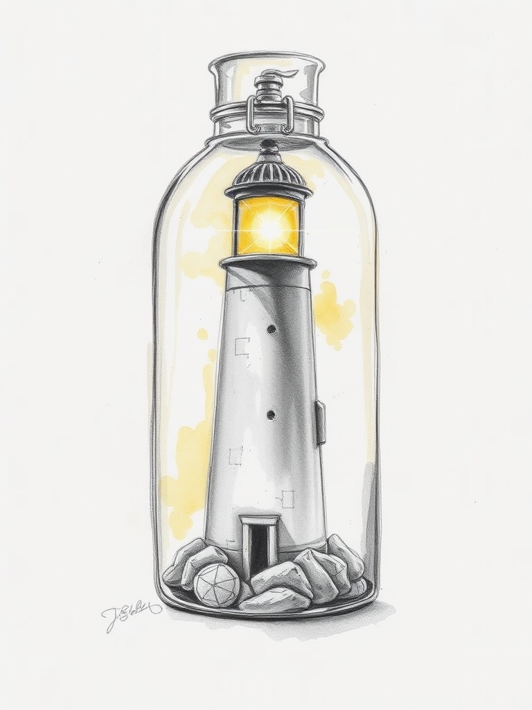 a lighthouse inside a bottle, pencil sketch with soft watercolor wash, dramatic rim lighting, highly...