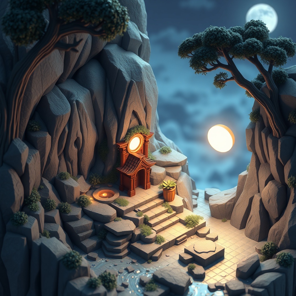 a hidden waterfall shrine, isometric diorama, blender render, cool moonlight, highly detailed