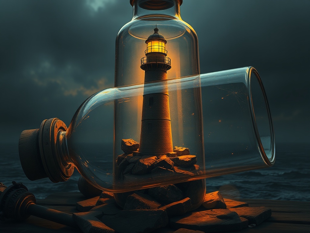 a lighthouse inside a bottle, dark fantasy concept art, detailed, golden hour light, highly detailed