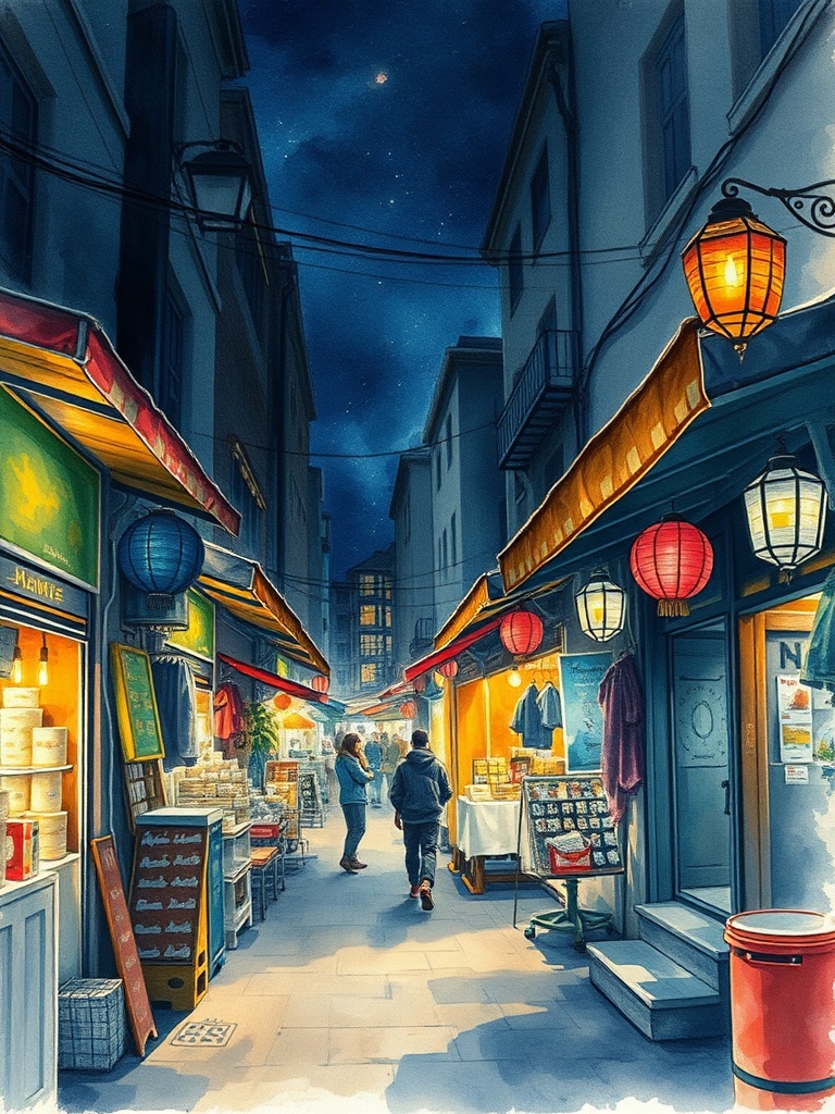 a night market alley, watercolor illustration, soft edges, warm candlelight, highly detailed