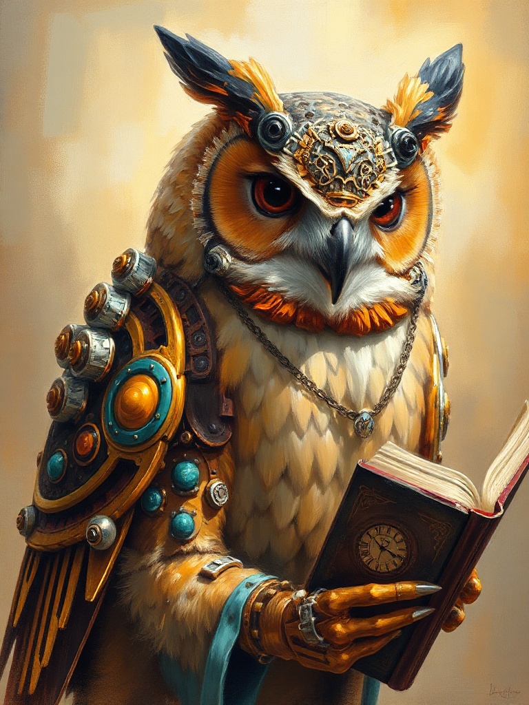 a mechanical owl librarian, oil painting, impressionist brushwork, golden hour light, highly detaile...