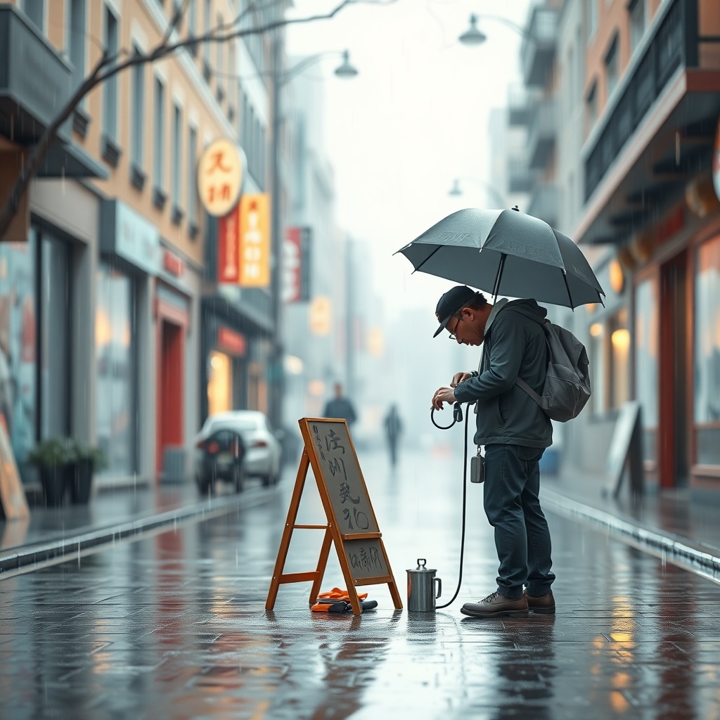 a street calligrapher in the rain, low poly 3d render, pastel palette, gentle overcast light, highly...