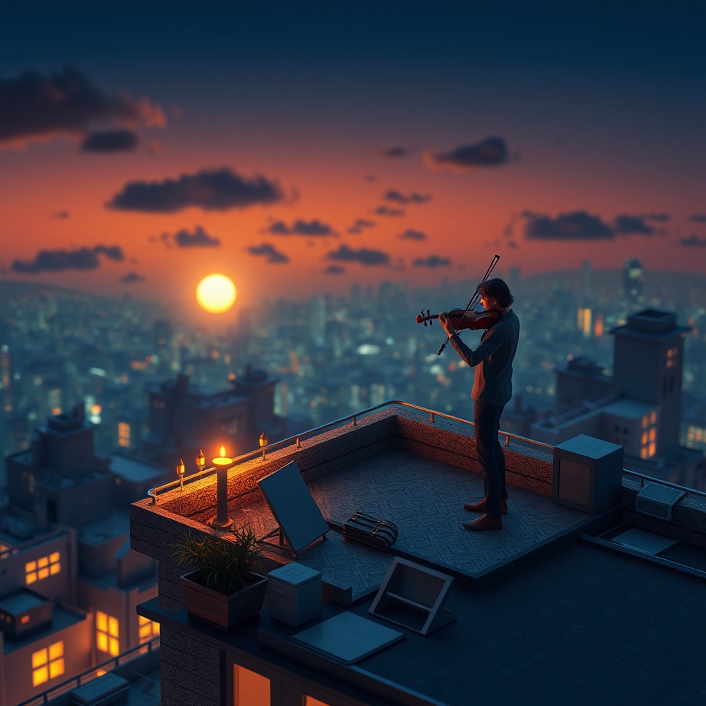 a violinist on a rooftop at dawn, isometric diorama, blender render, bioluminescent glow, highly det...