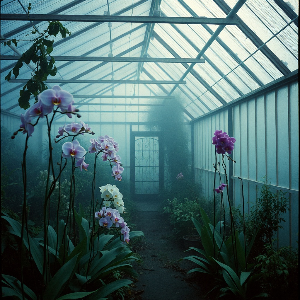 an abandoned greenhouse reclaimed by orchids, cinematic photography, 35mm film grain, moody volumetr...