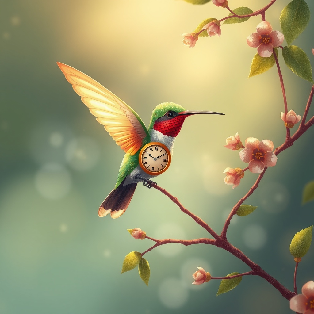 a clockwork hummingbird, children book illustration, warm and gentle, soft morning mist, highly deta...