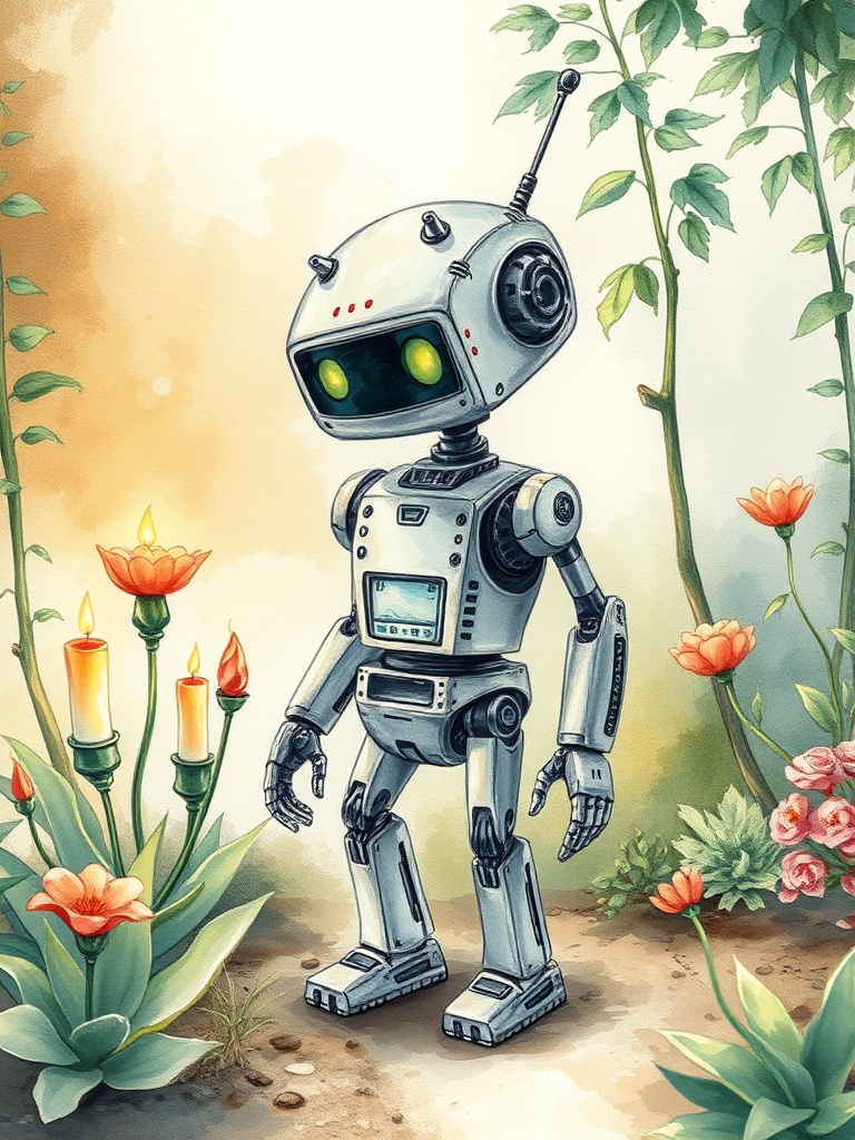 a wandering robot gardener, watercolor illustration, soft edges, warm candlelight, highly detailed