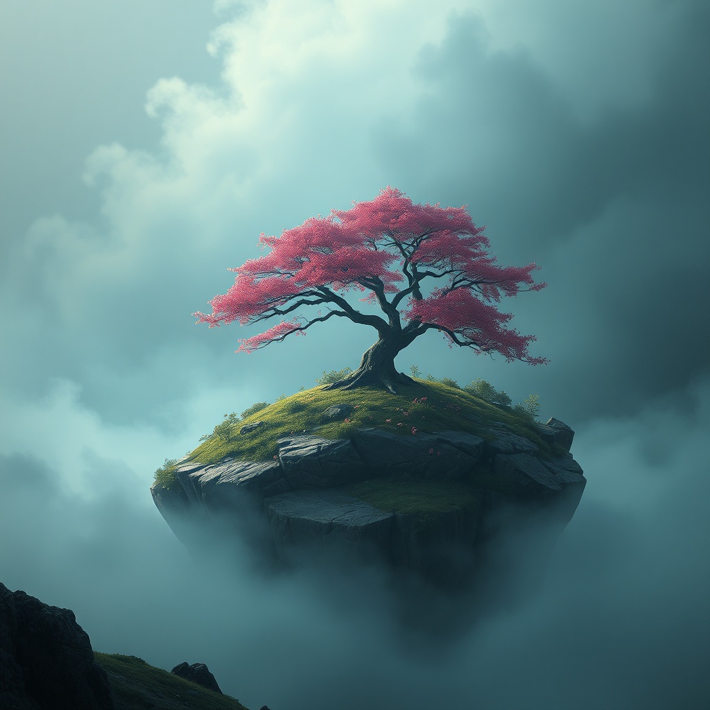 a tiny island with a single cherry tree, dark fantasy concept art, detailed, moody volumetric fog, h...