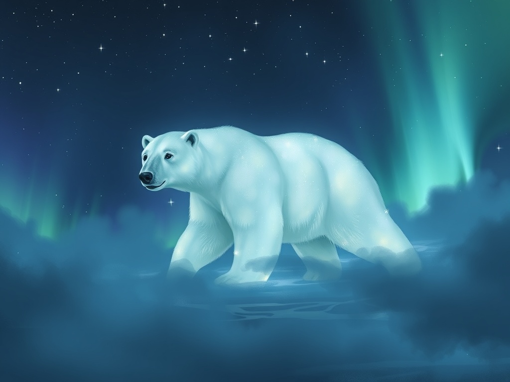a polar bear made of northern lights, studio ghibli inspired, hand painted, moody volumetric fog, hi...