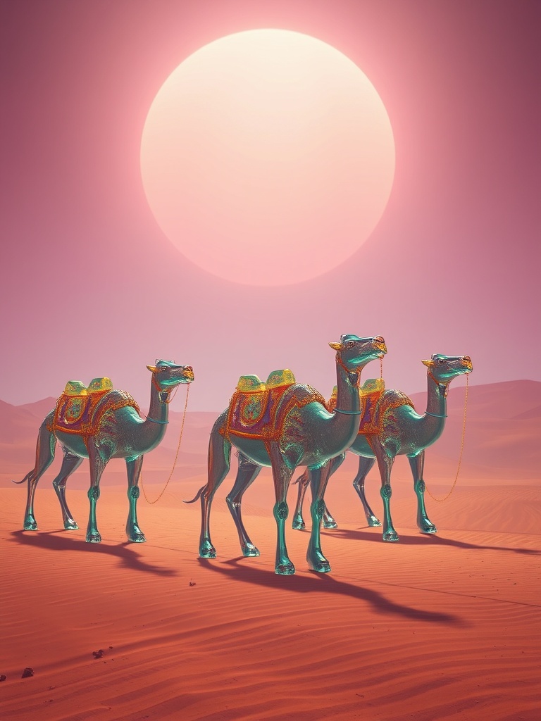 a desert caravan of glass camels, vaporwave aesthetic, retro futurism, dramatic rim lighting, highly...