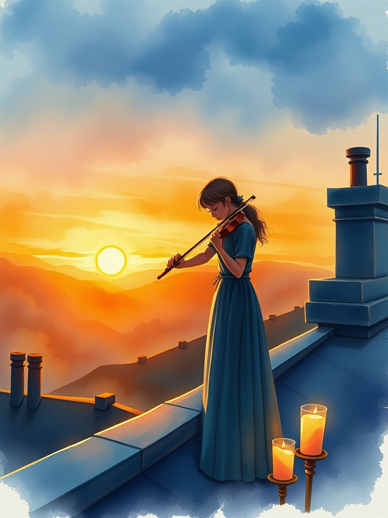 a violinist on a rooftop at dawn, watercolor illustration, soft edges, warm candlelight, highly deta...