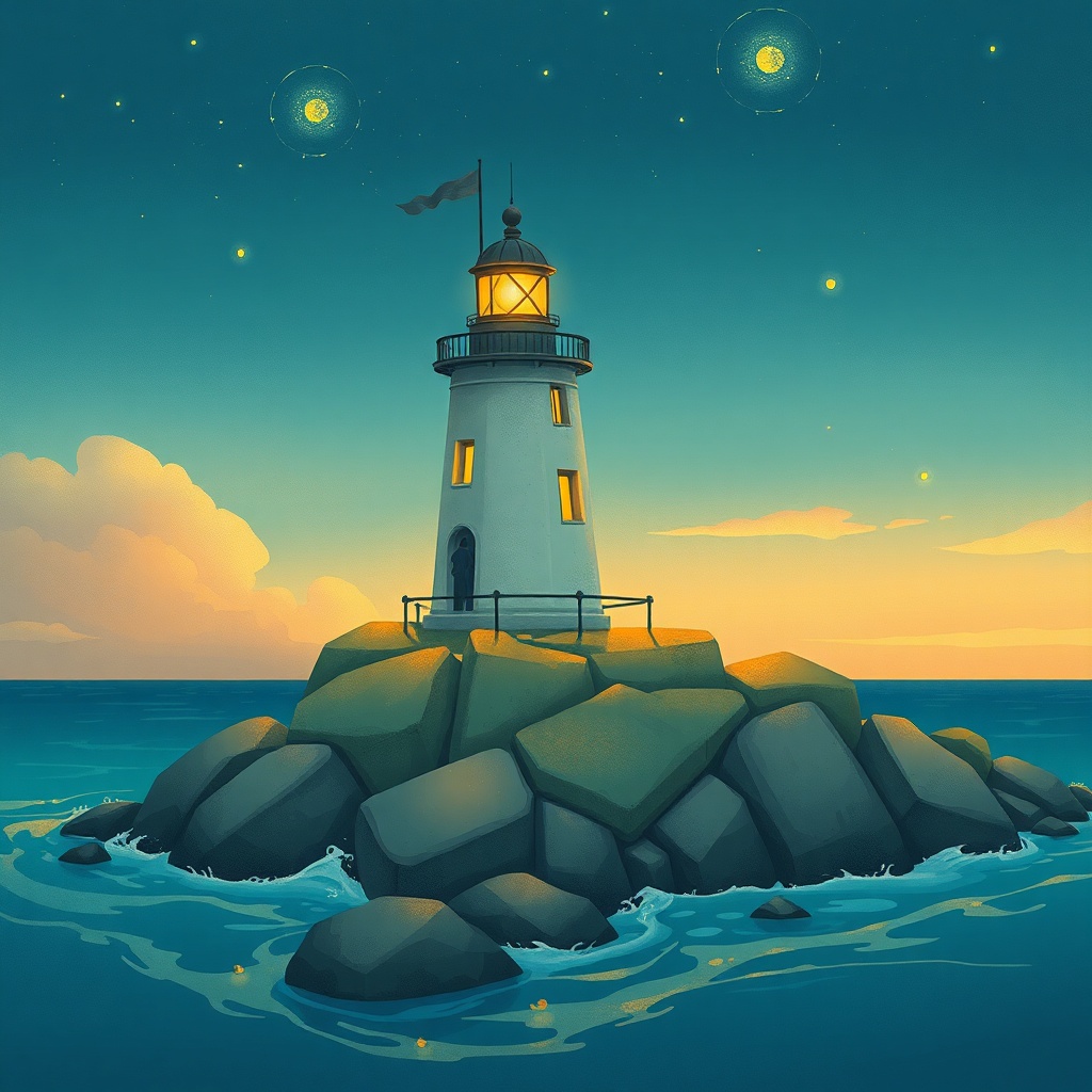 a lone lighthouse keeper, children book illustration, warm and gentle, bioluminescent glow, highly d...