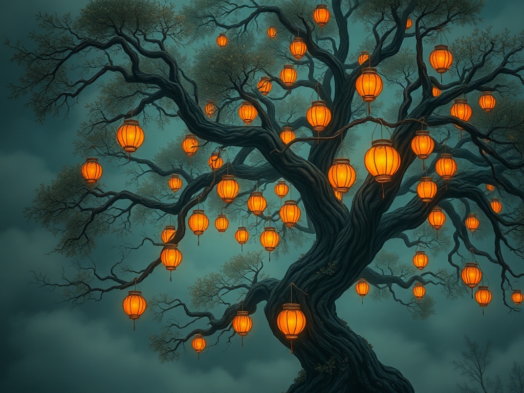 an ancient tree with lantern fruit, studio ghibli inspired, hand painted, moody volumetric fog, high...
