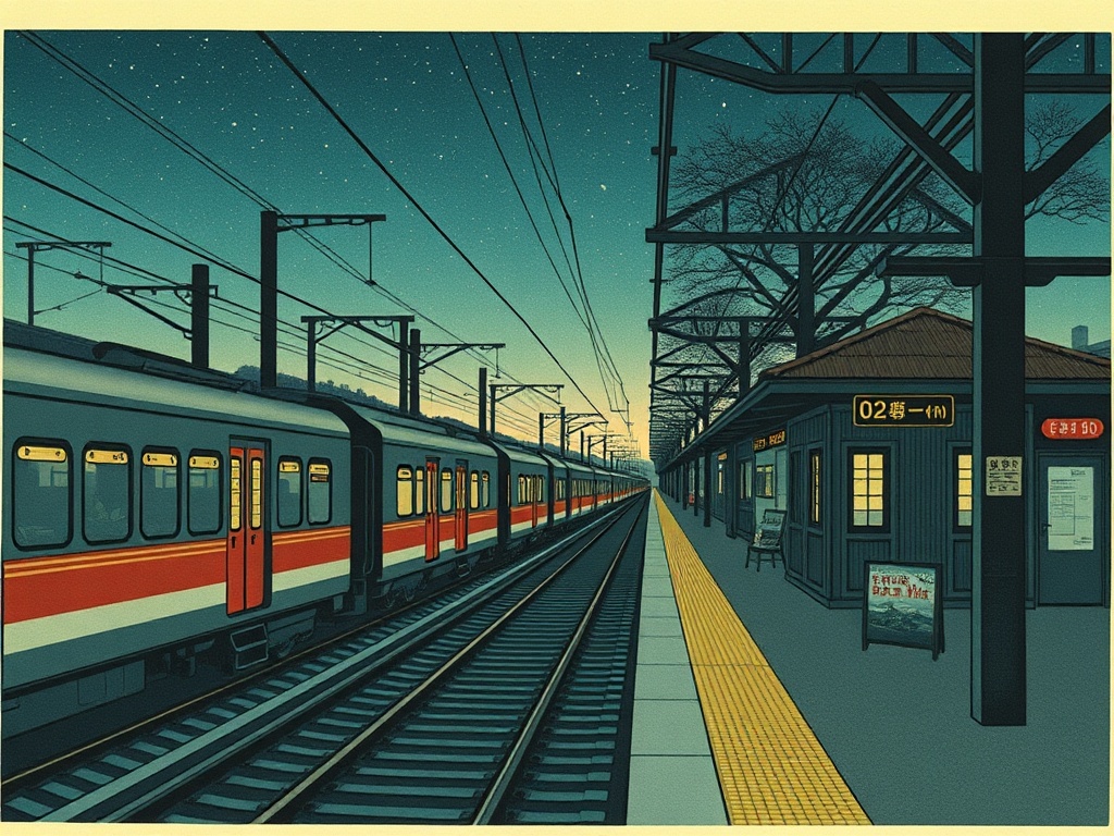a train station between worlds, ukiyo-e woodblock style, flat colors, dramatic rim lighting, highly...
