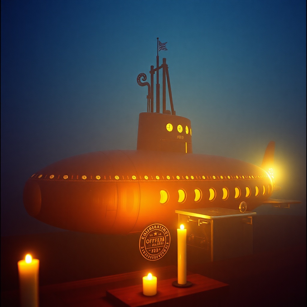 a submarine shaped like a whale, cinematic photography, 35mm film grain, warm candlelight, highly de...