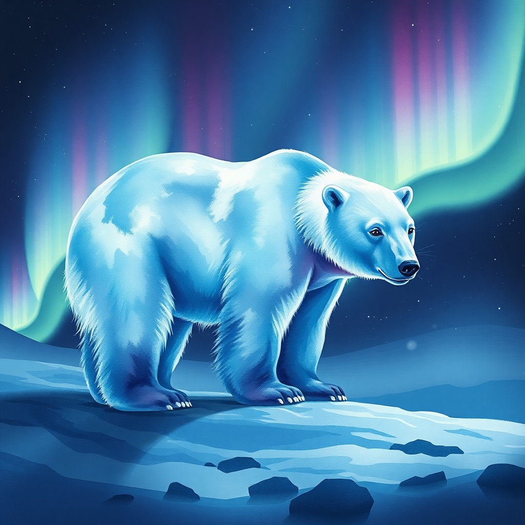 a polar bear made of northern lights, watercolor illustration, soft edges, dramatic rim lighting, hi...