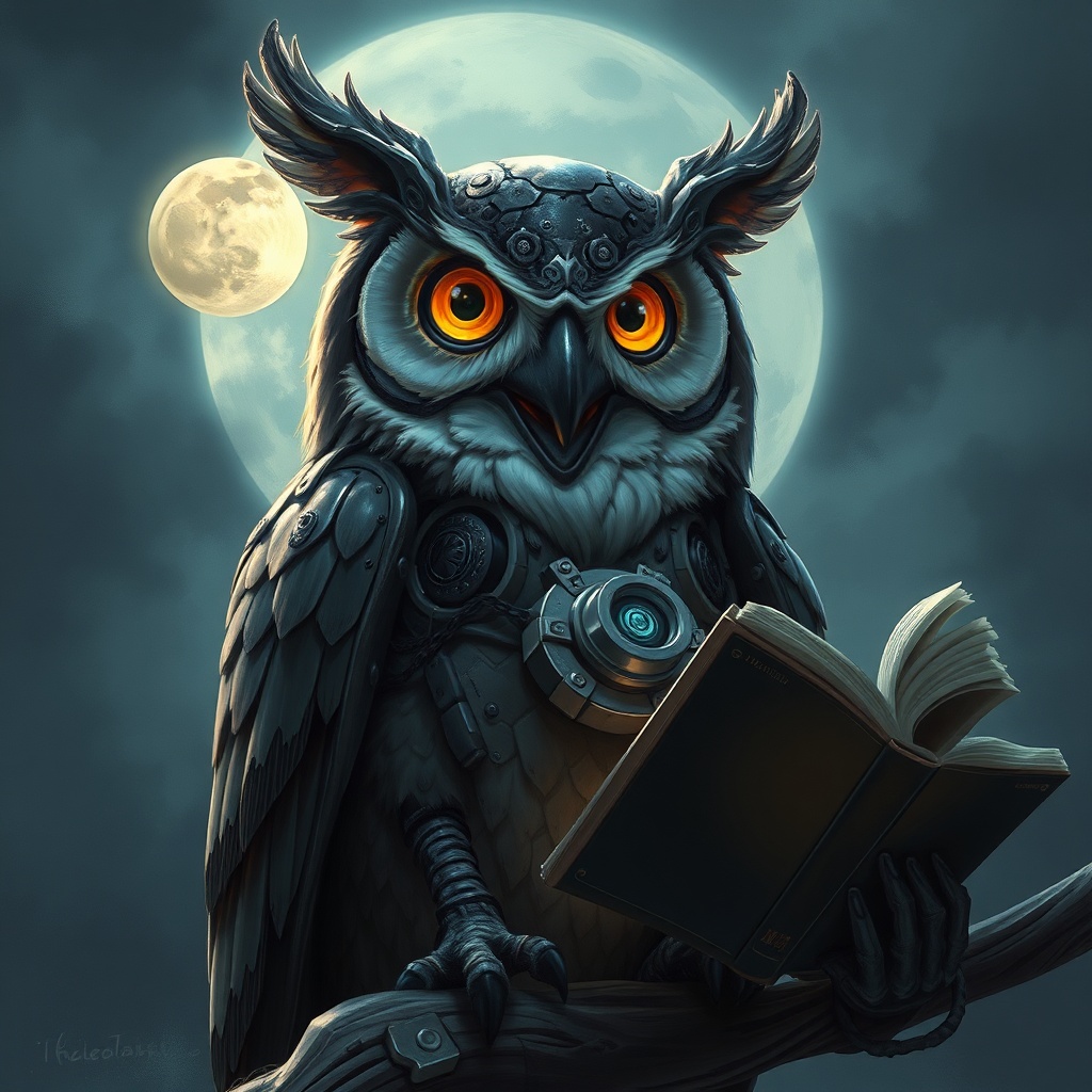 a mechanical owl librarian, digital painting, artstation trending, cool moonlight, highly detailed